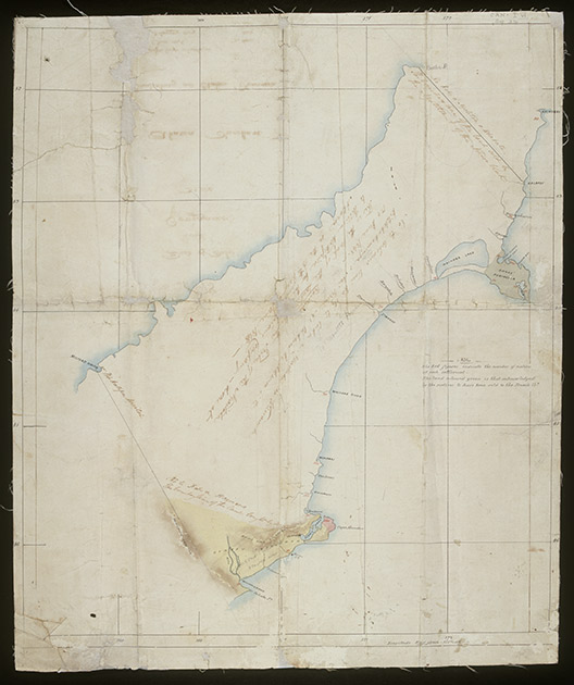 A hand drawn map of Canterbury and the West Coast, showing the extent of Kemp's Deed