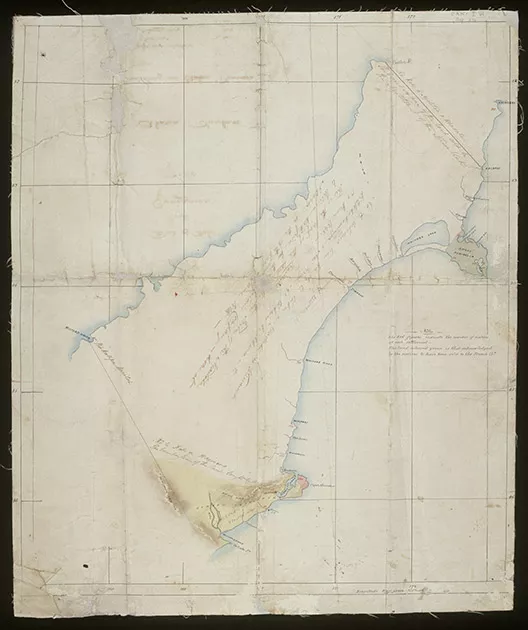 A hand drawn map of Canterbury and the West Coast, showing the extent of Kemp's Deed