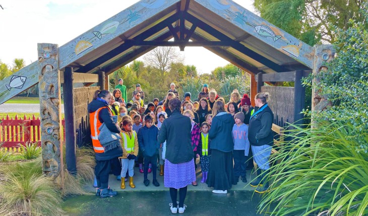 Students from Te Rōhutu Whio schools in Rolleston are greeted with a pōwhiri