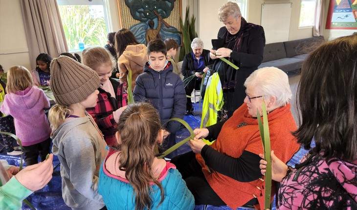Students were also treated to a lesson in raranga (weaving) with Aunty Daph